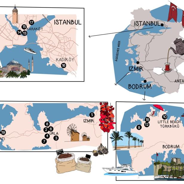 Eine illustrierte Karte der türkischen Küstenstädte Istanbul, Izmir, Bodrum und Alacati.