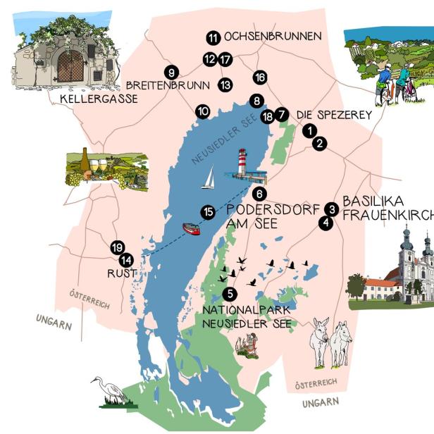 Eine illustrierte Karte des Neusiedler Sees mit Sehenswürdigkeiten und Ortsnamen.
