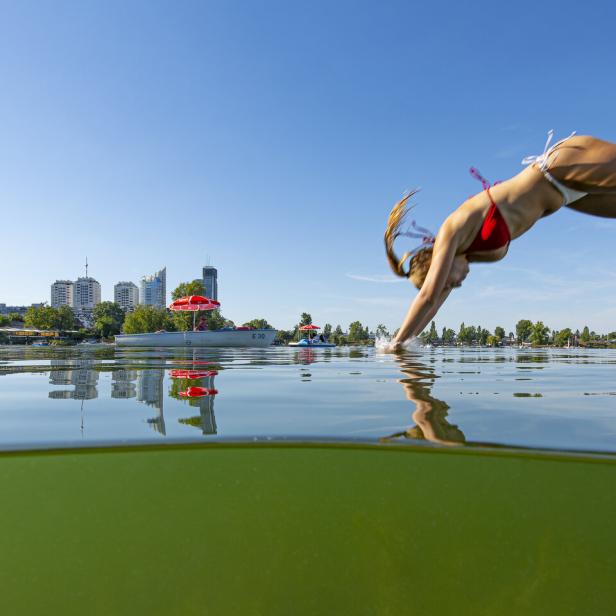 Eine Frau springt in die Alte Donau in Wien.
