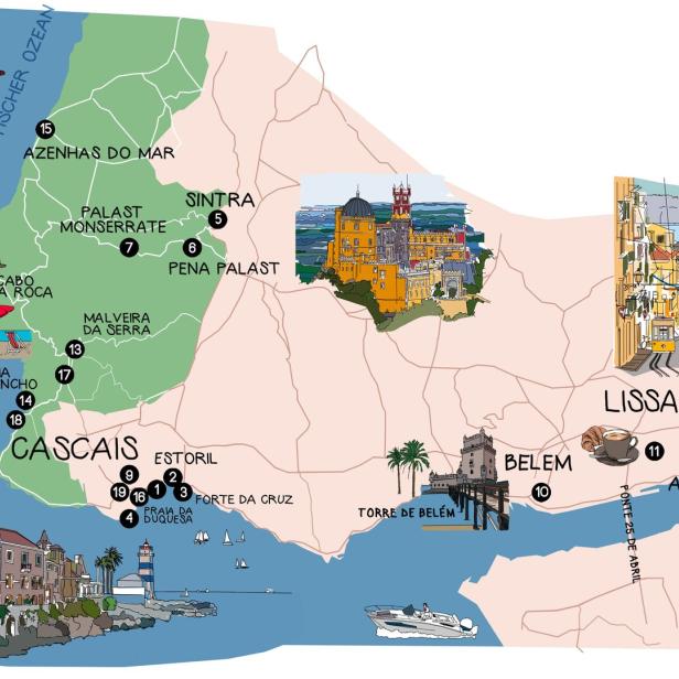 Eine Karte der Region um Cascais, Sintra und Lissabon mit Sehenswürdigkeiten.