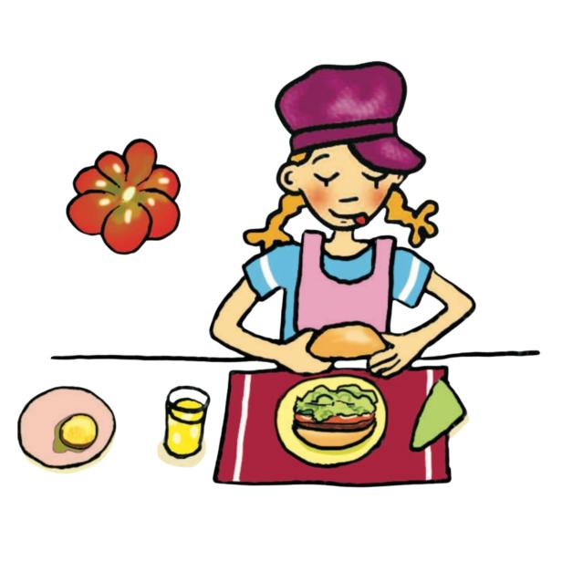 Ein Mädchen mit Zöpfen bereitet einen Burger zu.