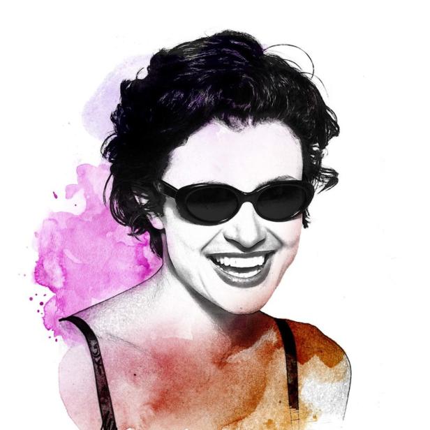 Porträt einer lächelnden Frau mit Sonnenbrille, im Stil einer Aquarellmalerei.
