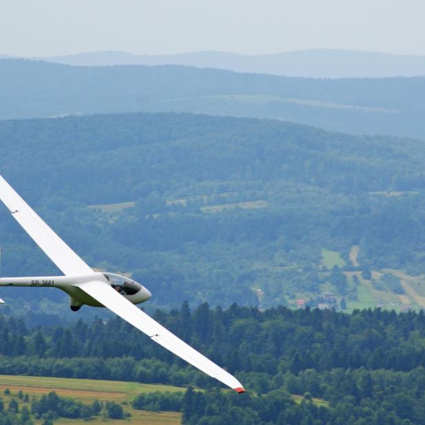 Ein Segelflugzeug fliegt vor einer bewaldeten Hügellandschaft.