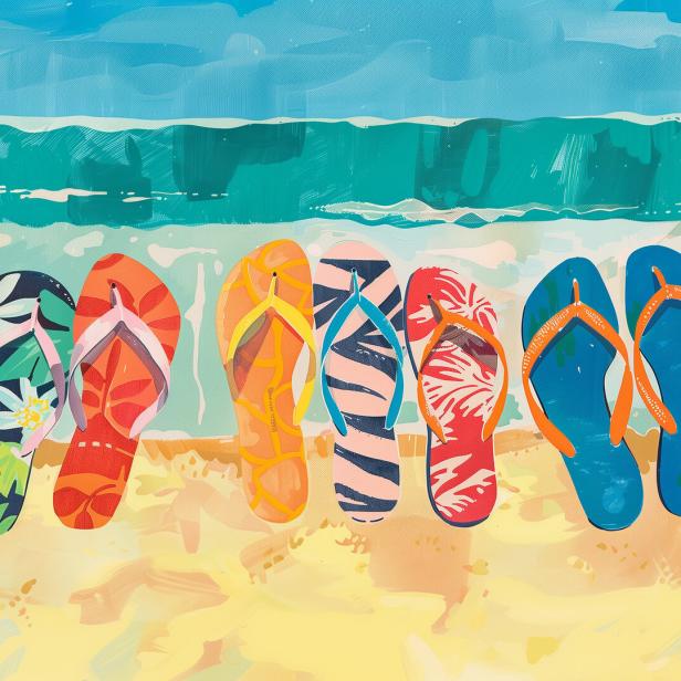 Eine Reihe bunter Flip-Flops steht am Strand vor dem türkisfarbenen Meer.