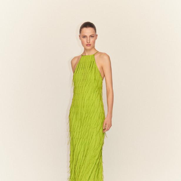 Eine Frau in einem langen, hellgrünen Fransenkleid vor einem neutralen Hintergrund.