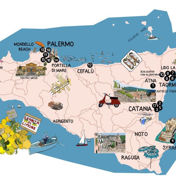 Eine illustrierte Karte von Sizilien mit Sehenswürdigkeiten wie Palermo, Catania und dem Ätna.