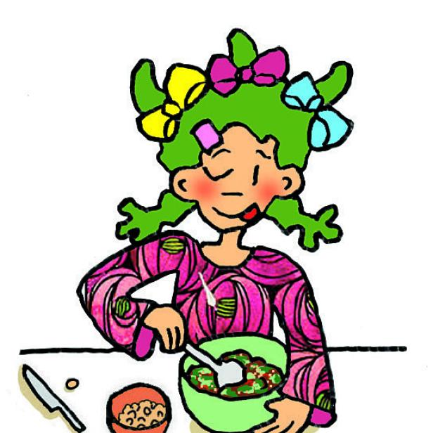 Ein Mädchen mit grünen Zöpfen isst einen Salat.