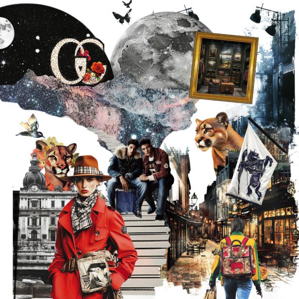 Eine Collage mit Modeelementen, darunter Karos, Burberry-Logos und Pumas.
