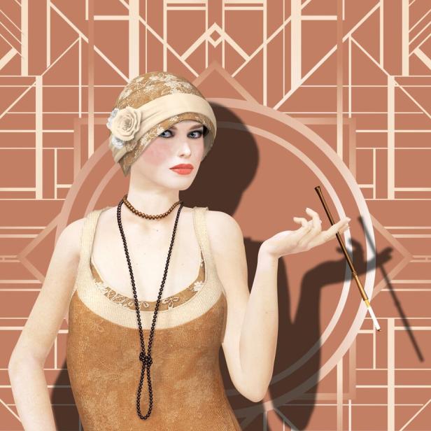 Eine Frau im Stil der 1920er Jahre mit Zigarettenspitze vor einem Art-Déco-Hintergrund.
