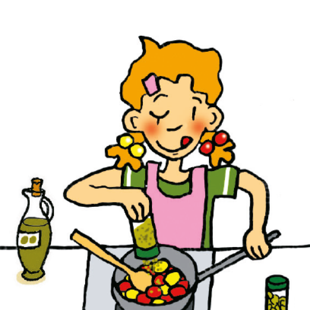 Ein Mädchen mit Zöpfen kocht Paradeis-Pasta.