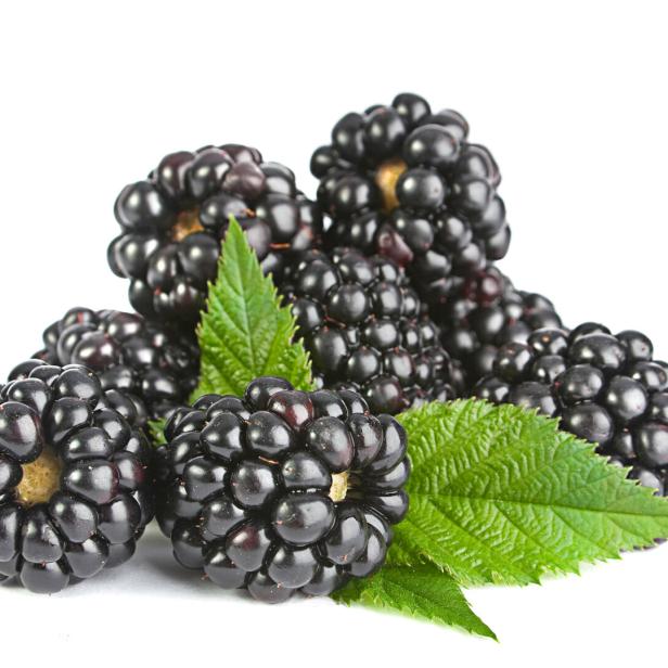 Eine Gruppe frischer Brombeeren mit grünen Blättern.