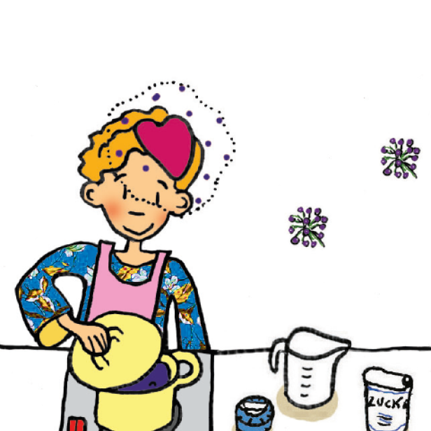 Eine Frau kocht Holundersaft in einem gelben Topf.