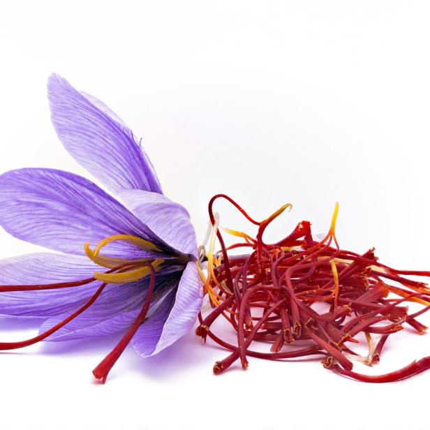 Eine Krokusblüte liegt neben einer kleinen Menge Safranfäden.