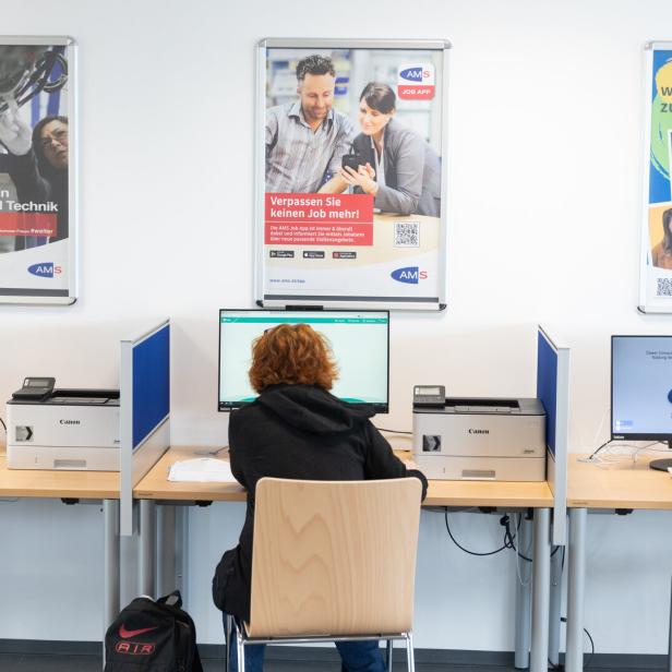Eine Frau sitzt vor einem Computer in einem Raum mit AMS-Postern.