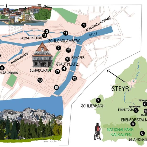 Eine illustrierte Karte der Stadt Steyr und der umliegenden Region mit Sehenswürdigkeiten und dem Nationalpark Kalkalpen.