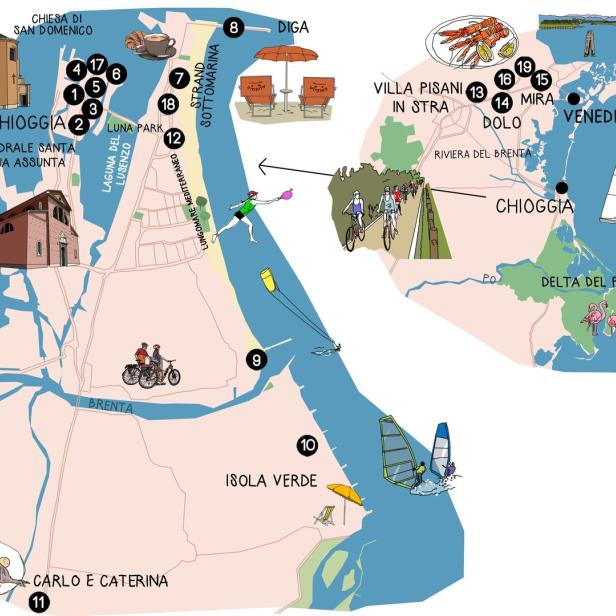 Eine illustrierte Karte der Region um Chioggia und Venedig mit verschiedenen Sehenswürdigkeiten und Aktivitäten.