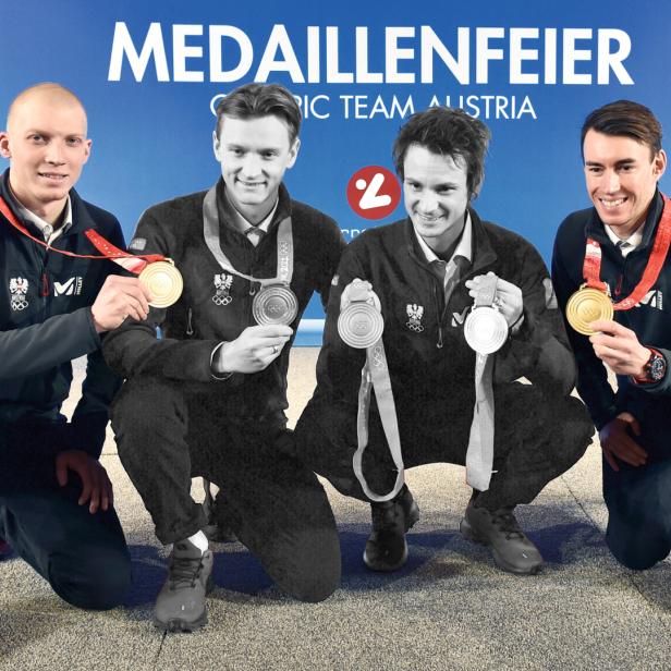 Jan Hörl, Daniel Huber, Manuel Fettner und Stefan Kraft gewannen 2022 in Peking Olympia-Gold im Teambewerb