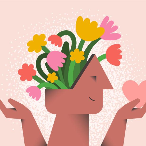 Das Bild zeigt eine Illustration, wo aus einem Kopf Blumen sprießen und die illustrierte Person ein Herz in dre Hand hält: Die Zusammenhänge zwischen Herz und Psyche sind enger als vielen bewusst ist
