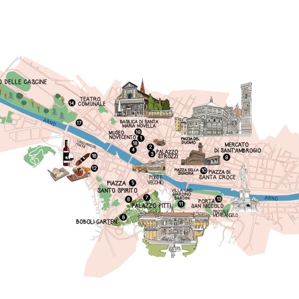 Eine Karte von Florenz mit hervorgehobenen Sehenswürdigkeiten wie dem Palazzo Pitti und dem Dom.
