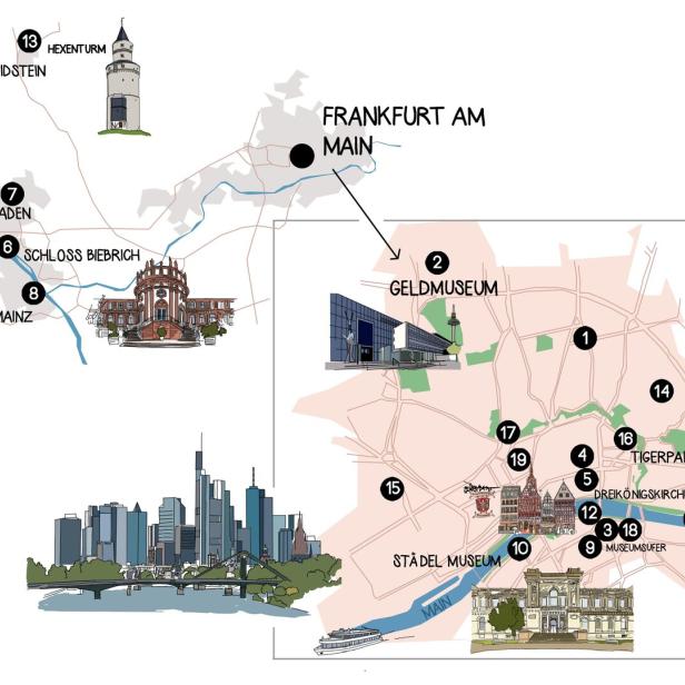 Eine Karte von Frankfurt am Main mit Sehenswürdigkeiten wie dem Geldmuseum und dem Städel Museum.