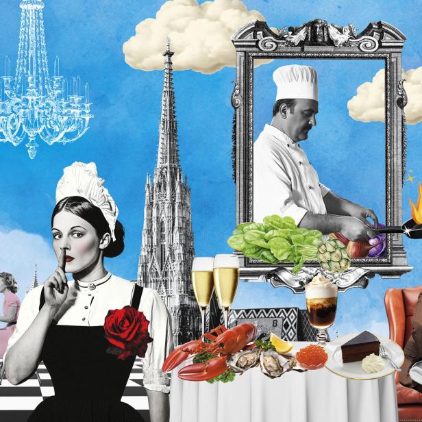 Eine Collage mit Elementen aus Wien, darunter Stephansdom, Casino, Kellnerin, Koch, Hummer und Sachertorte.