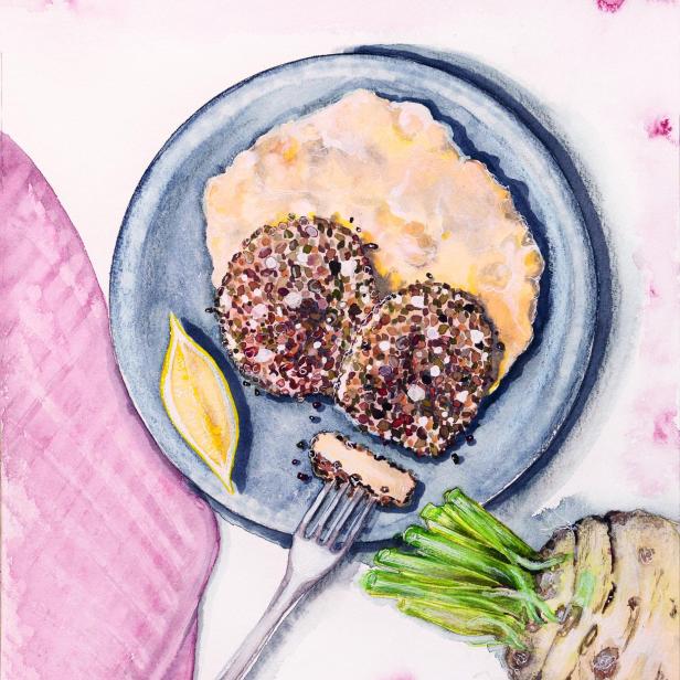 Sellerieschnitzel mit Kürbiskernkruste und Erdäpfel-Apfel-Stampf.