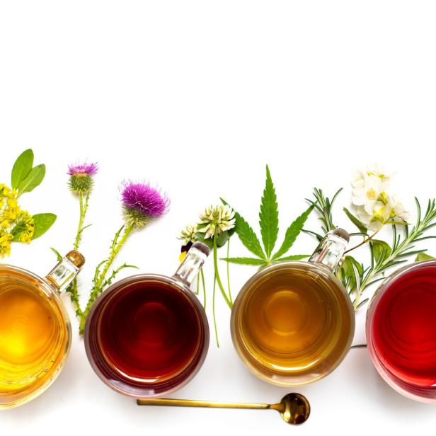 Verschiedene Kräutertees in Glasbechern, dekoriert mit frischen Kräutern und Blüten.