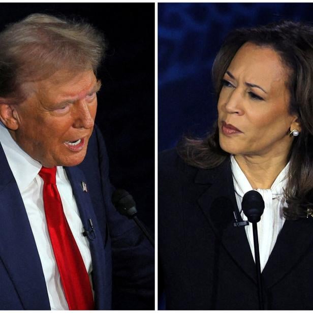 Montage: Donald Trump auf einem Bild, Kamala Harris auf einem anderen Bild