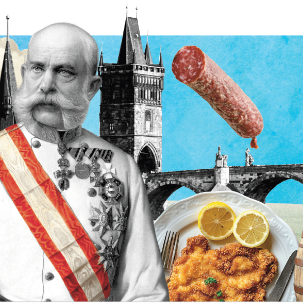 Bildmontage aus Kaiser Franz Joseph, Schnitzel und der Prager Karlsbrücke.