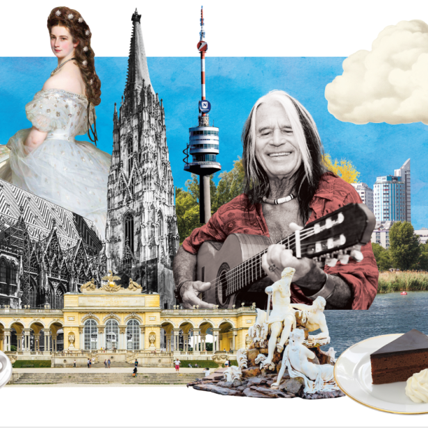 Eine Collage mit Wahrzeichen und Symbolen von Wien, darunter Stephansdom, Schloss Schönbrunn und Sachertorte.