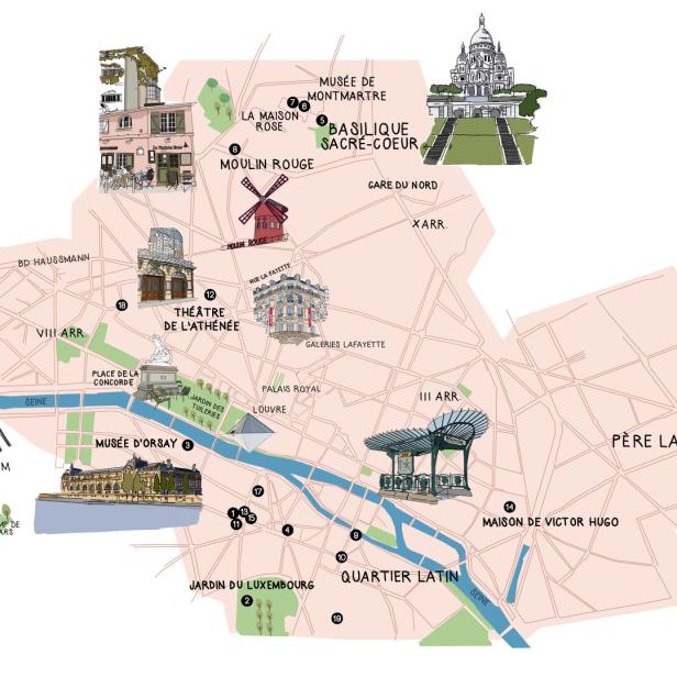 Eine illustrierte Karte von Paris mit Sehenswürdigkeiten wie dem Eiffelturm und dem Moulin Rouge.