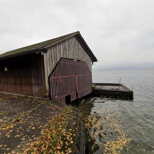 Ein hölzernes Bootshaus steht an einem See mit herabgefallenen Blättern im Wasser.