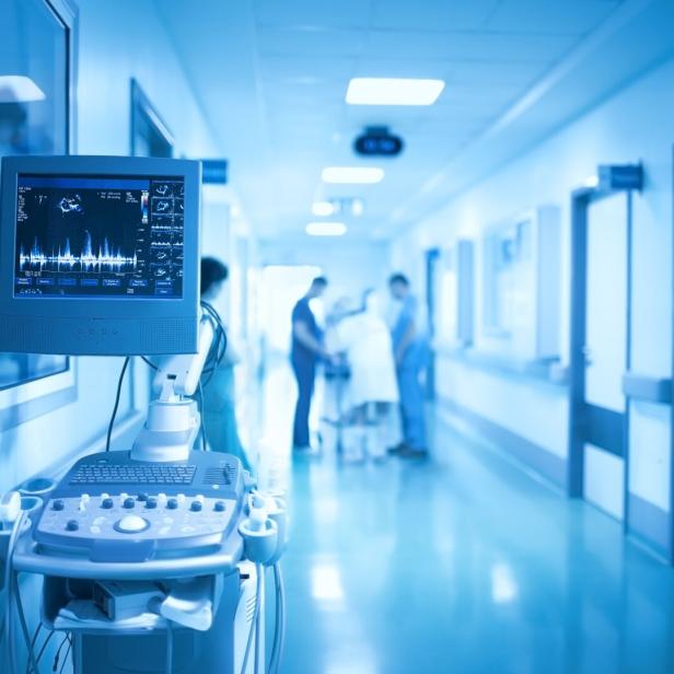 Medical equipment on the background of group of health workers in the ICU