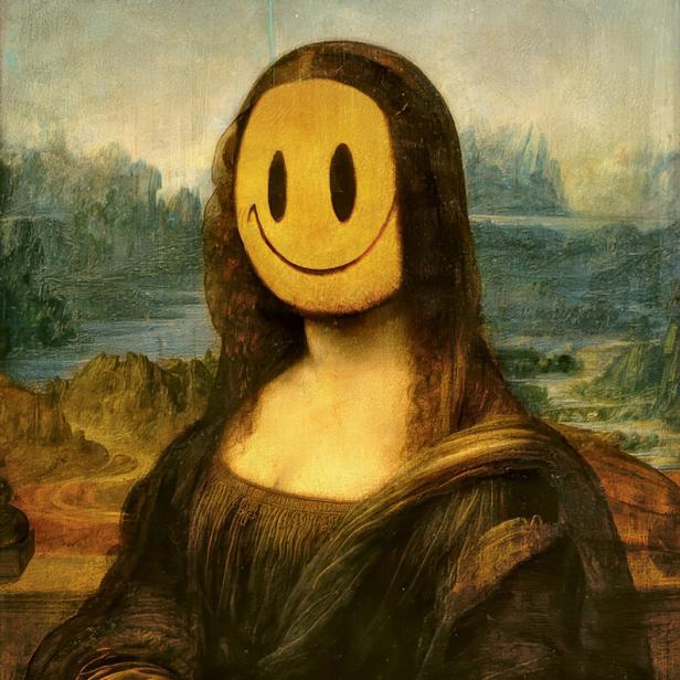 Eine humorvolle Version der Mona Lisa mit einem gelben Smiley-Gesicht.