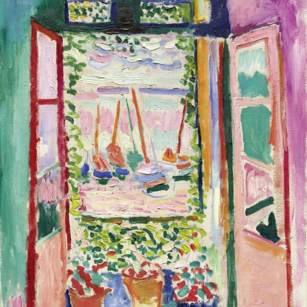 Ein offenes Fenster mit Blick auf Segelboote auf dem Wasser, gemalt von Henri Matisse.