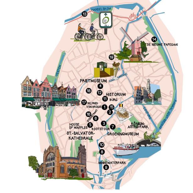 Eine illustrierte Karte von Brügge mit Sehenswürdigkeiten wie dem Frietmuseum und der St.-Salvator-Kathedrale.