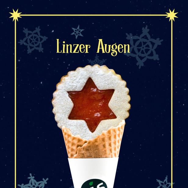 Ein Linzer Auge Keks auf einer Eiswaffel von „Eis Greissler“.