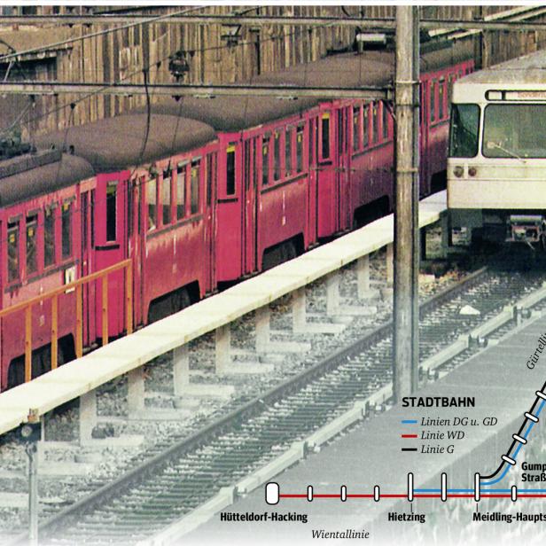 Begegnung der Generationen: Bei der Station Hietzing treffen 1980 ein alter Stadtbahnzug und eine damals neue U-Bahn-Garnitur aufeinander. Der Stadtbahn-Plan ist auf dem Stand von 1925.