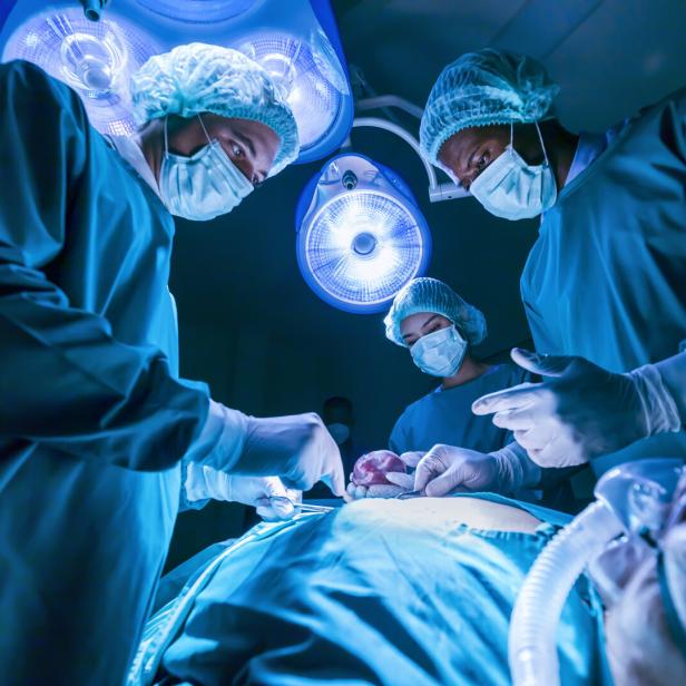 Ein Team von Chirurgen führt eine herzchirurgische Operation für einen Patienten durch, der ein Spenderorgan erhalten hat, um mehr Leben in einem chirurgischen Notfallsaal zu retten.