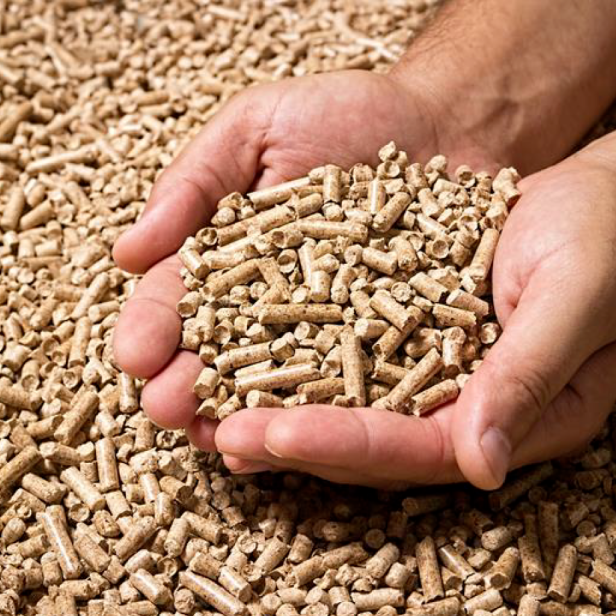 Eine Person hält eine Handvoll Holzpellets in der Hand, die für die Verwendung in Heizsystemen geeignet sind.