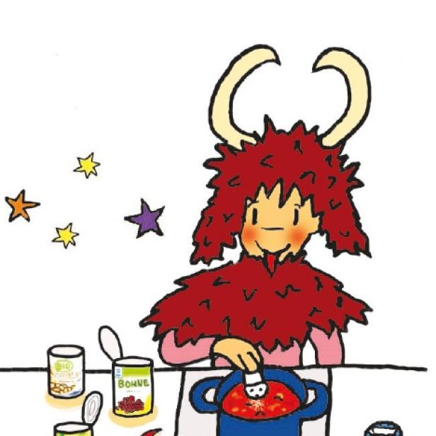 Ein Krampus kocht Chili mit Mais, Bohnen und Chilisauce.