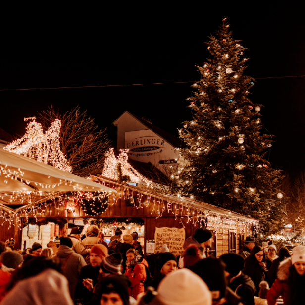 Ein Weihnachtsmarkt mit Weihnachtsbaum und Besuchern 