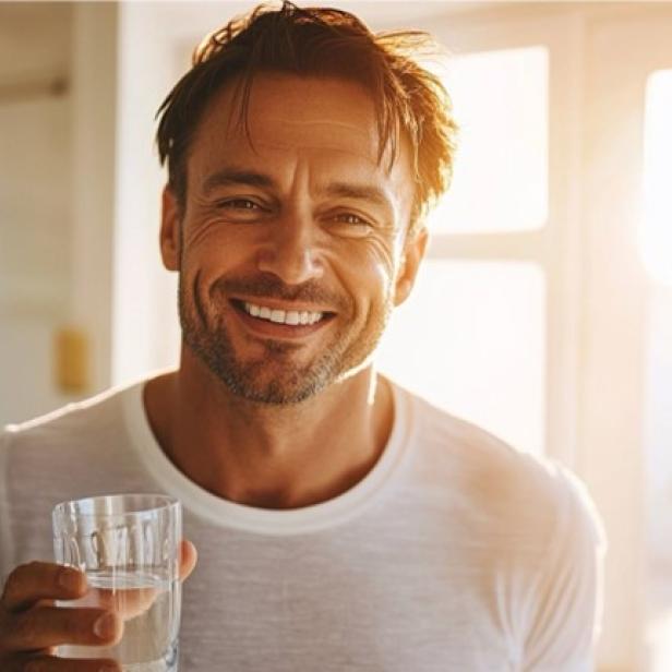 Ein Mann im weißen T-Shirt lächelt mit einem Glas Wasser in der Hand in die Kamera. Der Raum ist lichterfüllt.