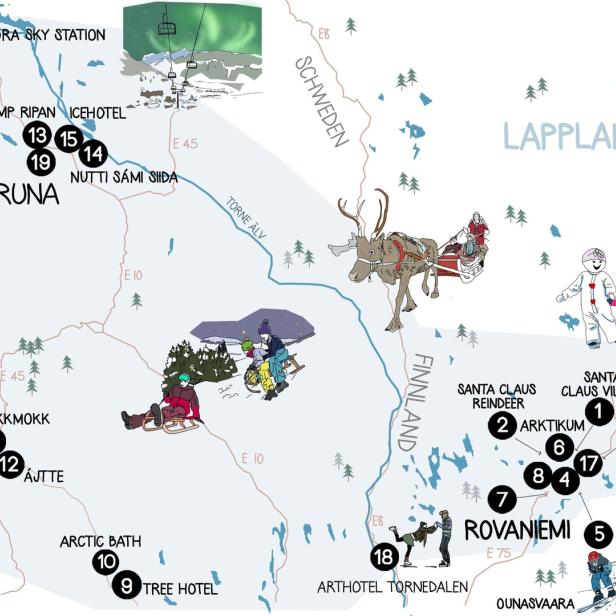 Eine illustrierte Karte von Lappland mit verschiedenen Winteraktivitäten und Sehenswürdigkeiten.