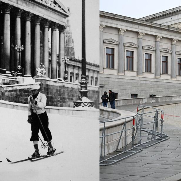 Links: Zwei Skifahrer während der Kältewelle vor dem verschneiten Parlamentsgebäude in Wien, aufgenommen im Jänner 1938