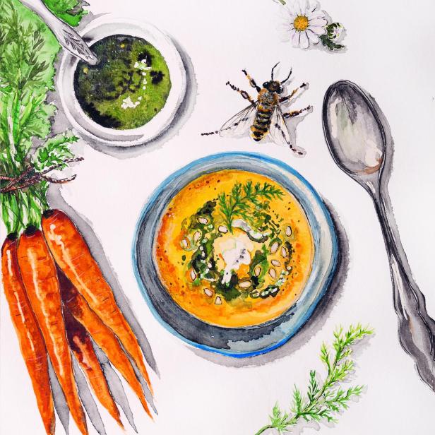 Eine Illustration von Karottensuppe mit frischen Karotten und einer Biene.