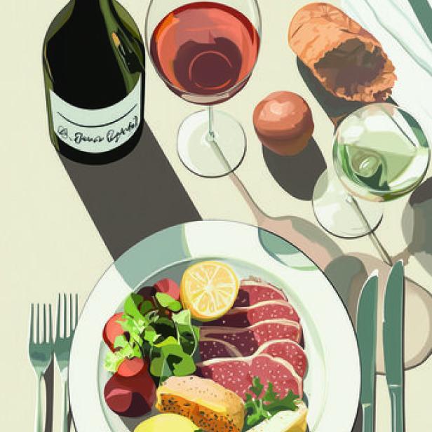 Ein gedeckter Tisch mit einer Flasche Wein, Gläsern, Brot und einem Teller mit Aufschnitt und Salat.