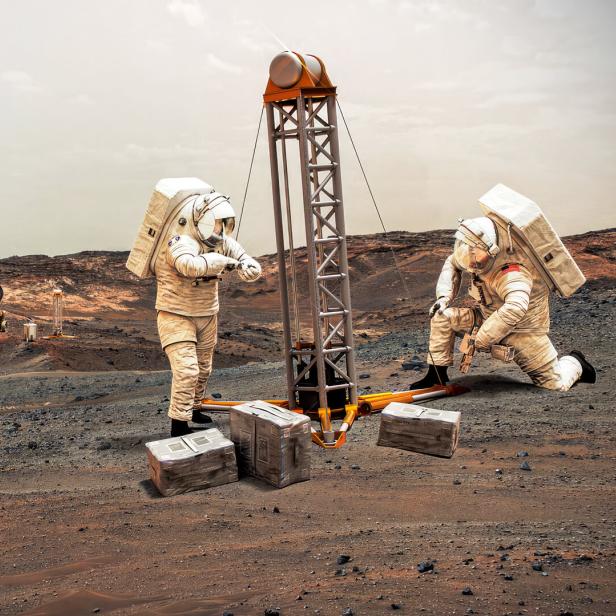 Astronauten platzieren auf dem kargen Boden Ausrüstung. So sah es ein künstlerisches Konzept.