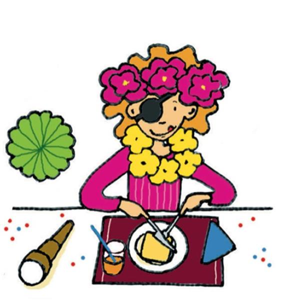Ein Mädchen mit Augenklappe isst Toast Hawaii.