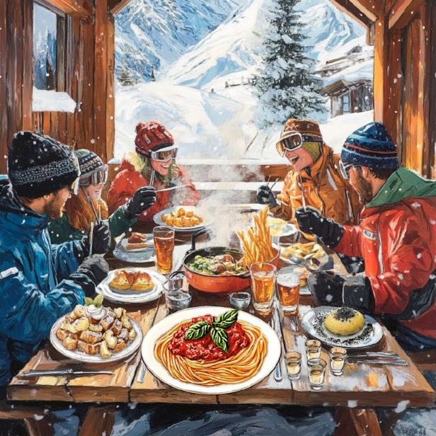 So wie sich die KI eine Skihütte vorstellt: Schnee, ein Tisch, auf dem Kaiserschmarrn, Pasta asciutta und Germknödel steht und Wintersportler, die sich freuen.
